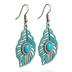 NWT Boho Turquoise Leaf Drop Earrings | Antique Bronze Tone